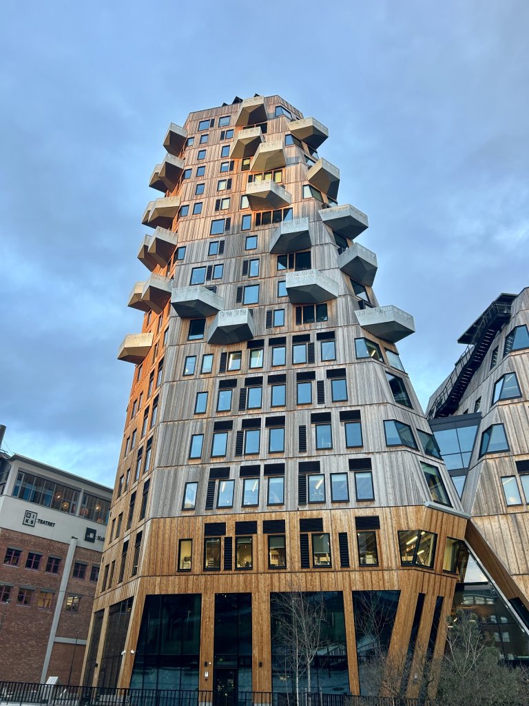 Utendørs trefasader utsettes kontinuerlig for sol, nedbør, temperatursvingninger og vind. Over tid kan dette føre til nedbrytning av materialet, endringer i overflate og økt behov for vedlikehold. Her fra et nybygg i Nydalen i Oslo. Foto: Lone Ross