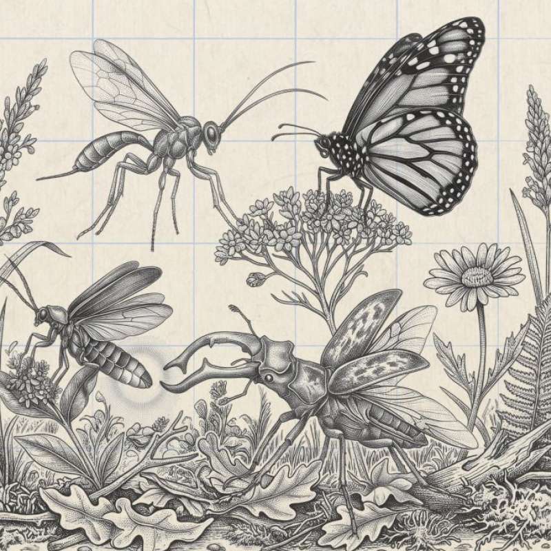 Drawing of insects in a flower meadow.