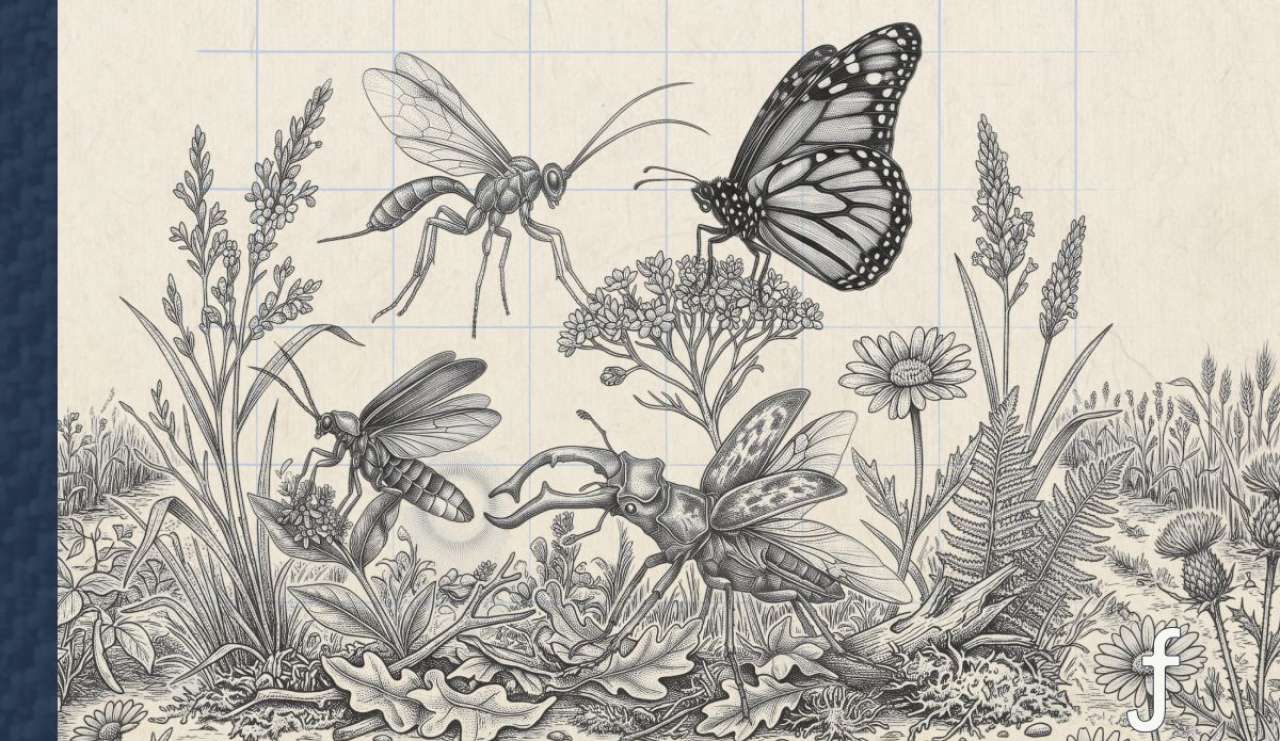 Drawing of insects in a flower meadow.