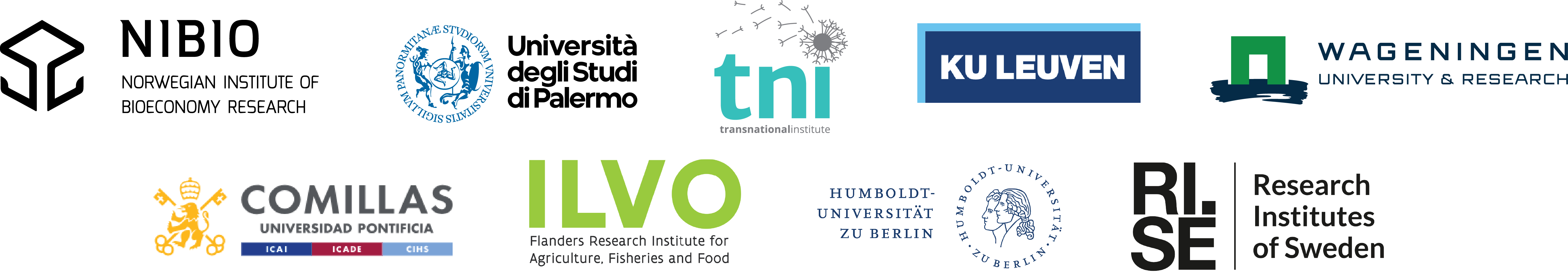All partner logos: NIBIO, Comillas, UniPa, ILVO, TNI, HU Berlin, KU Leuven, RISE and Wageningen