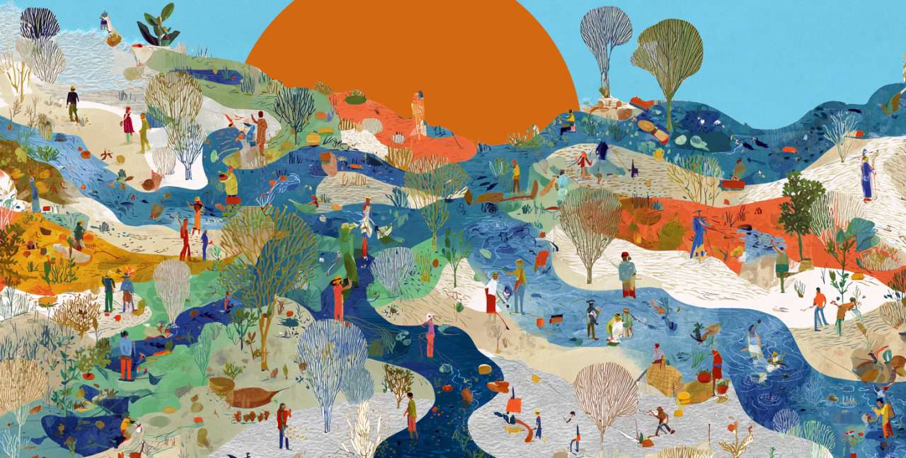 Living lab illustration. Nature and society working together with rivers, fishermen, agriculture, farmers, trees and a big orange sun.