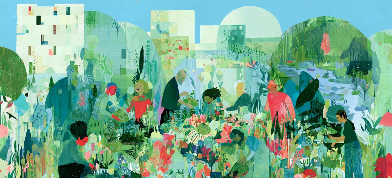 A vision of a society based on a circular bioeconomy. City and nature intertwined, people gathered for eating.