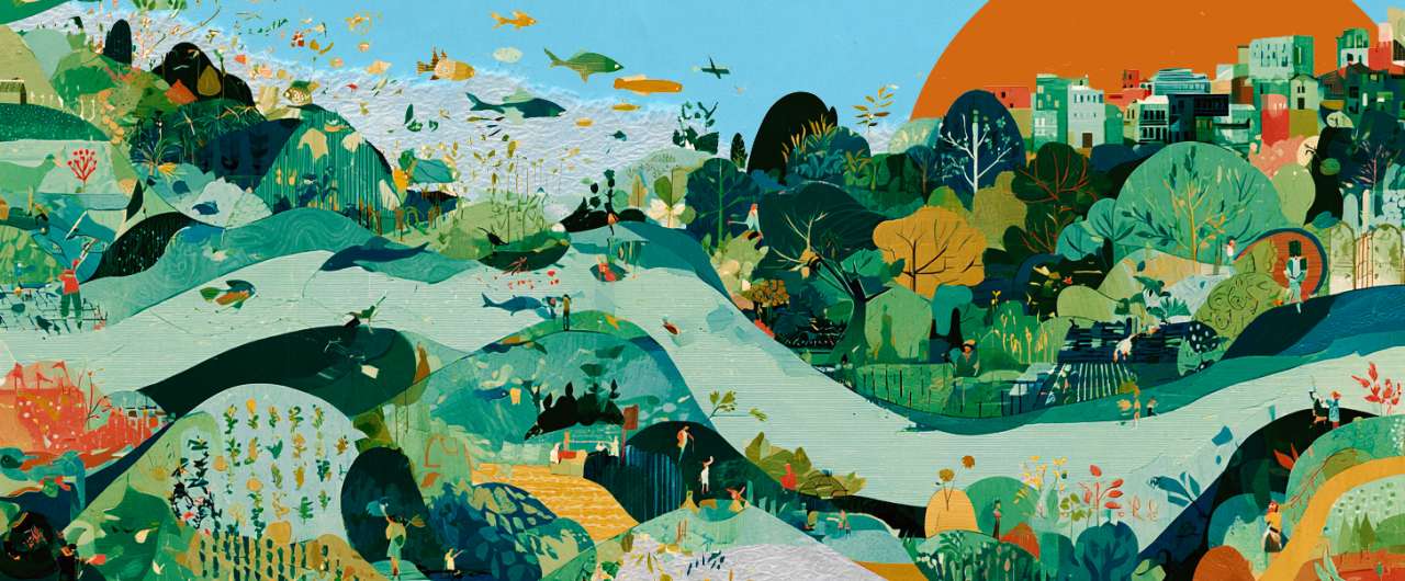 A vision of a society based on the circular bioeconomy. Illustrated by seascapes and landscapes woven together with people around and a city in the background.