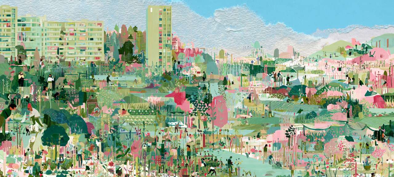 Biocirculuraity illustrated with cityscape of nature and society intertwined.