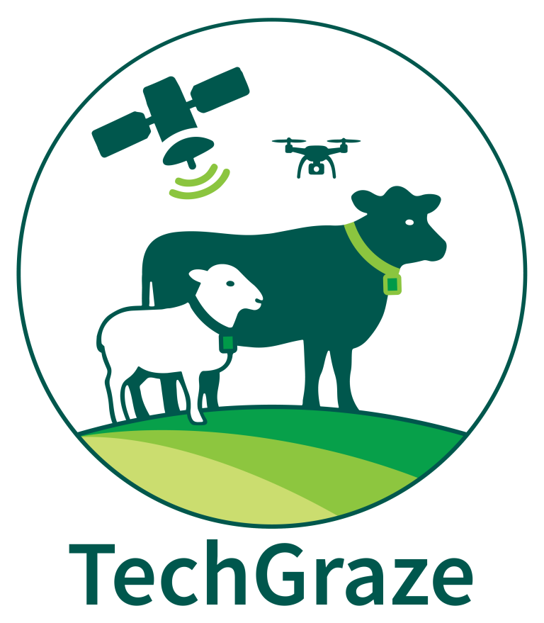 The project's logo with a sheep, a cow and technologies of a drone, a satellite and virtual fence collars.