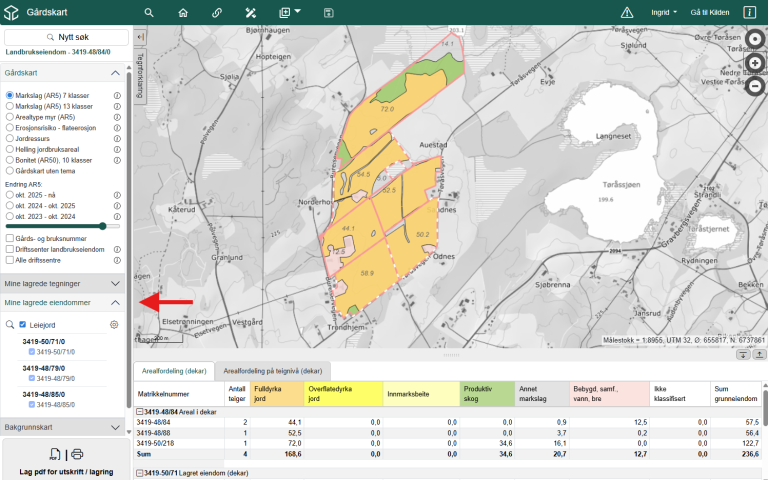 Det er mogleg å lagra eigedomssøk som gjeld fleire eigedomar. Då kan du enkelt henta dei opp att seinare.
