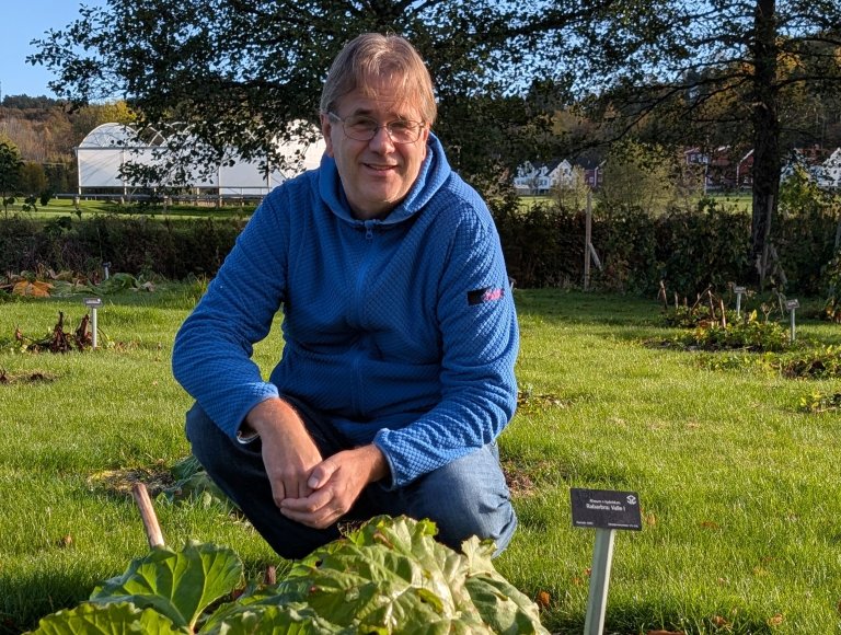 I desember 2025 vart NIBIO Landvik lansert som nasjonal klonbank for grønsaker. Lars T. Havstad blir hovudansvarleg for det breie mangfaldet av klonformerte grønsaker og urter i levande samlingar. Klonbanken omfattar òg urtesamlinga ved NIBIO Apelsvoll. Saman legg desse to lokasjonane grunnlaget for trygg tilgang til friskt plantemateriale. Foto: Frøydis S. Solheim