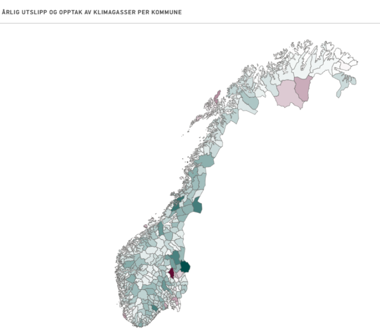 Årlig utslipp og opptak av klimagasser per kommune. Kommuner som er farget rød har netto utslipp, mens grønne kommuner har netto opptak.