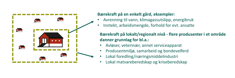 Eksempler på typiske parametre i en bærekraftvurdering av en enkelt gård, og verdier som er knyttet til at gårdsbruket bidrar til å opprettholde et produsentmiljø. Illustrasjonen er fra kapittel 3.1.2 som handler om at forvitring av lokale produsentmiljø svekker velferd, motivasjon og støttefunksjoner.