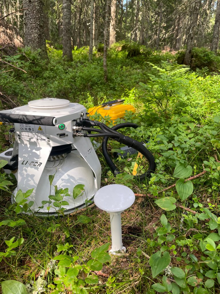 Hvor mye karbondioksid jorda «puster ut» måles med et såkalt jordrespirasjonskammer. Kammeret inneholder en gassanalysator som måler mengden CO2. Foto: Dagfinn Haget, Statsforvalteren i Innlandet