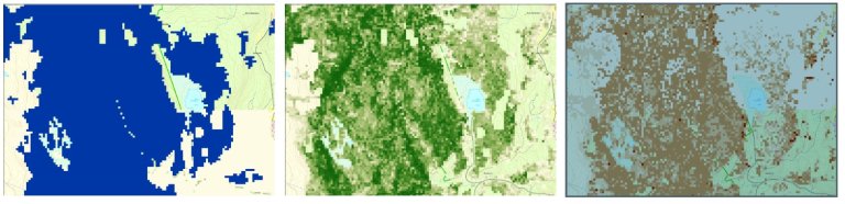 De tre ulike naturskogskartene er basert på ulike definisjoner av naturskog og er alle modellerte, heldekkende kart for Norge basert på fjernmåling. Illustrasjonen er hentet fra et område i Trysil i Innlandet fylke. Kartet til venstre viser en oversikt over skog som er etablert før 1940, og ikke flatehogd siden. Kartet i midten viser skogareal som er etablert før 1940, og der det ikke er registret noe inngrep eller behandling av skogen siden rundt 1965. Kartet viser sannsynligheten for at skogen oppfyller disse kriteriene. Kartet til høyre viser grad av naturskognærhet med utgangspunkt i mengden liggende (læger) og stående (gadd) død ved og skogens utviklingstrinn. Illustrasjon: NIBIO Kilden