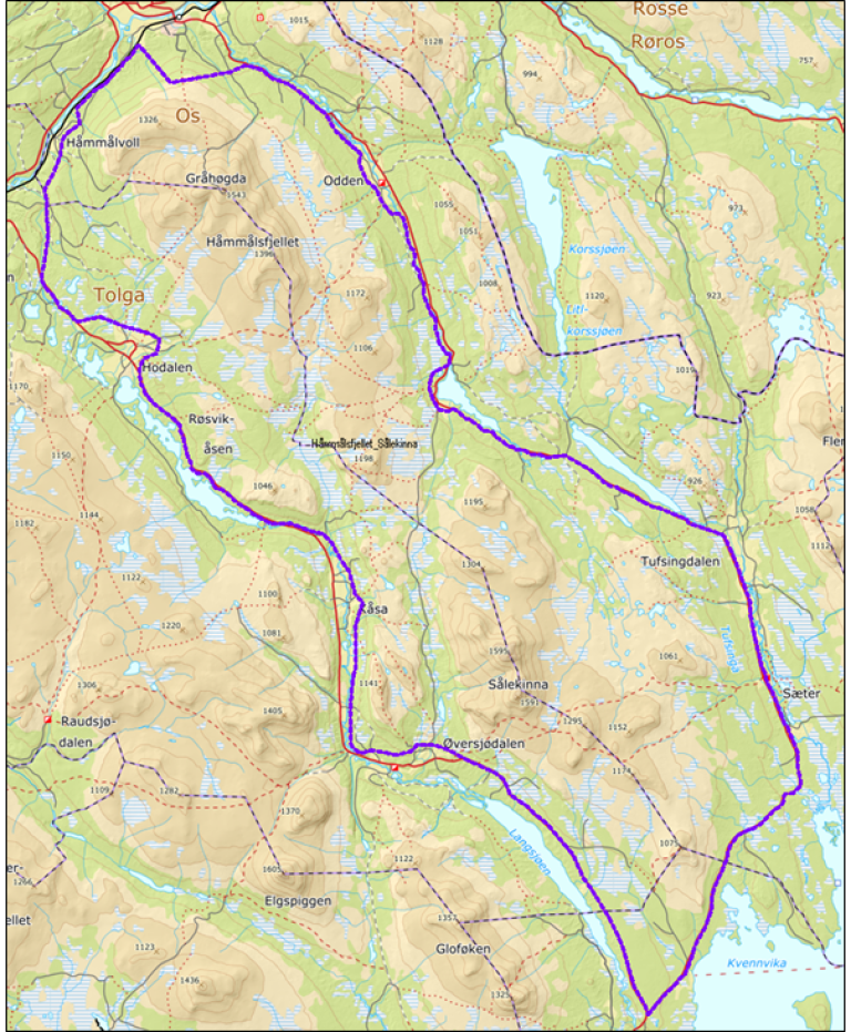 Avgrensing for utredningsområdet Håmmålsfjellet-Sålekinna i Tolga og Os kommuner. Kartverket.