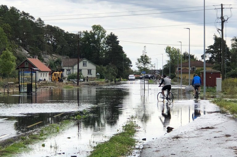 Oversvømte veier i Øyenkilen, Fredrikstad kommune høsten 2019. Foto: Camilla Baumann