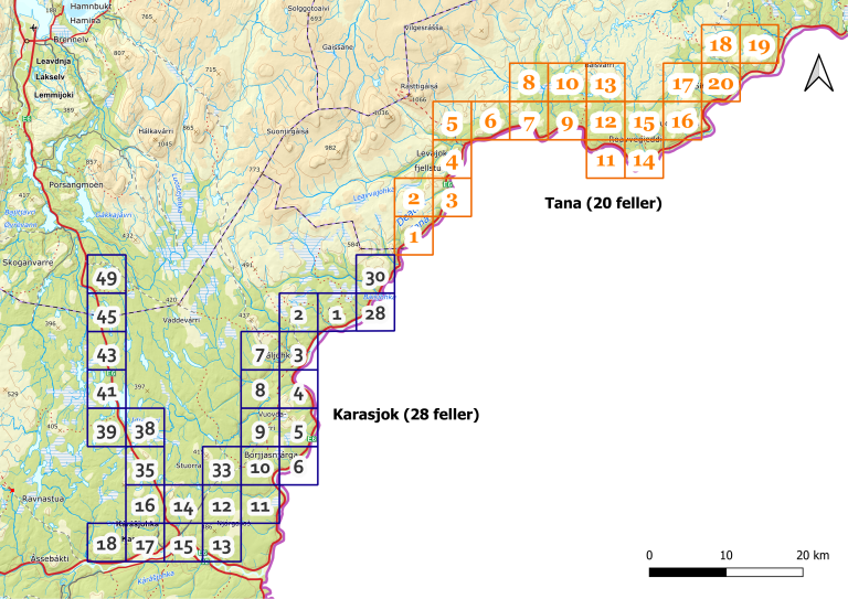 Kartutsnitt av studieområdet til hårfelleprosjektet i Karasjok kommune (blå linjer) og studieområdet til hårfelleprosjektet utført i Tana i 2024 (orange linjer).