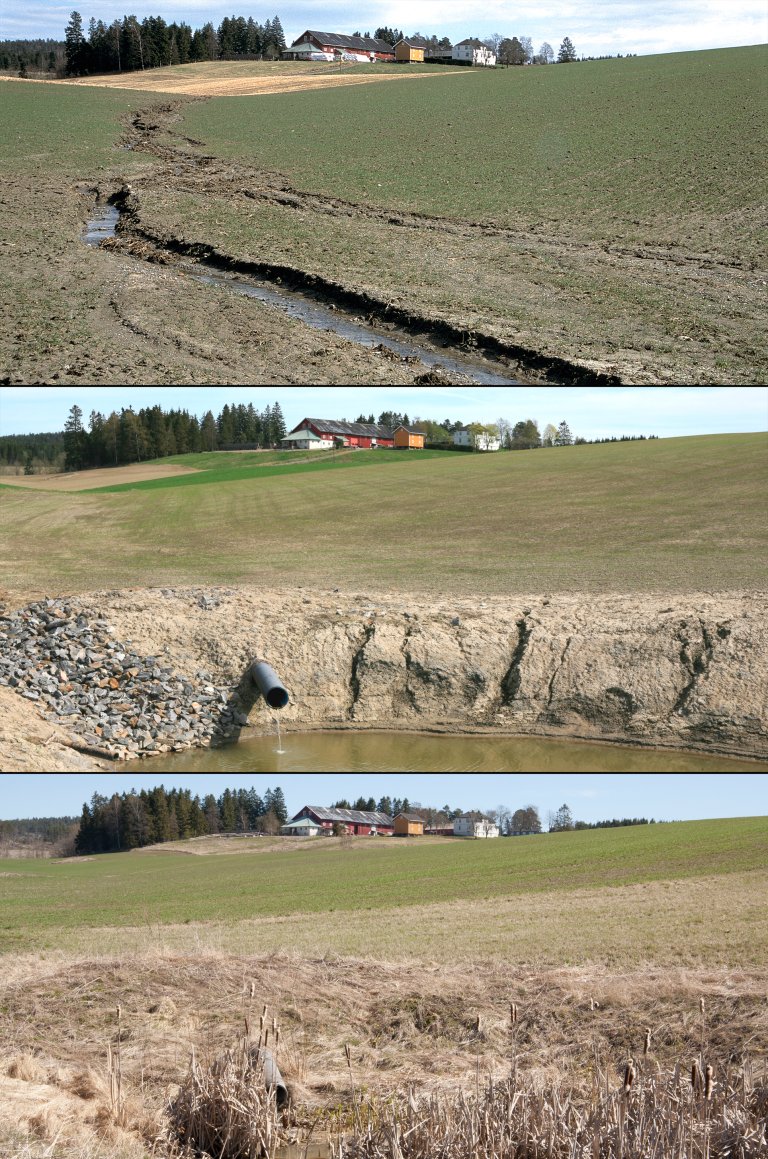 Erosjon av jord og tiltak sett inn_fangdam etablert_2002_2007_2017_Trøgstad i Østfold_Foto Oskar Puschmann.jpg