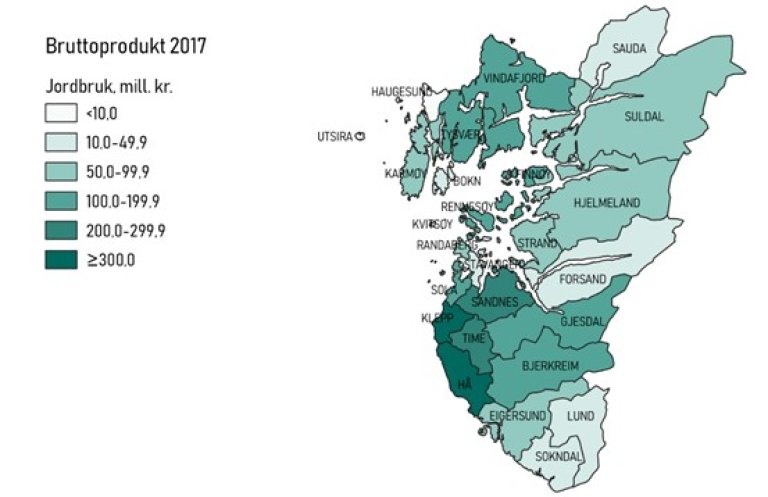 Verdiskaping i jordbruket i Rogaland fordelt på kommunar