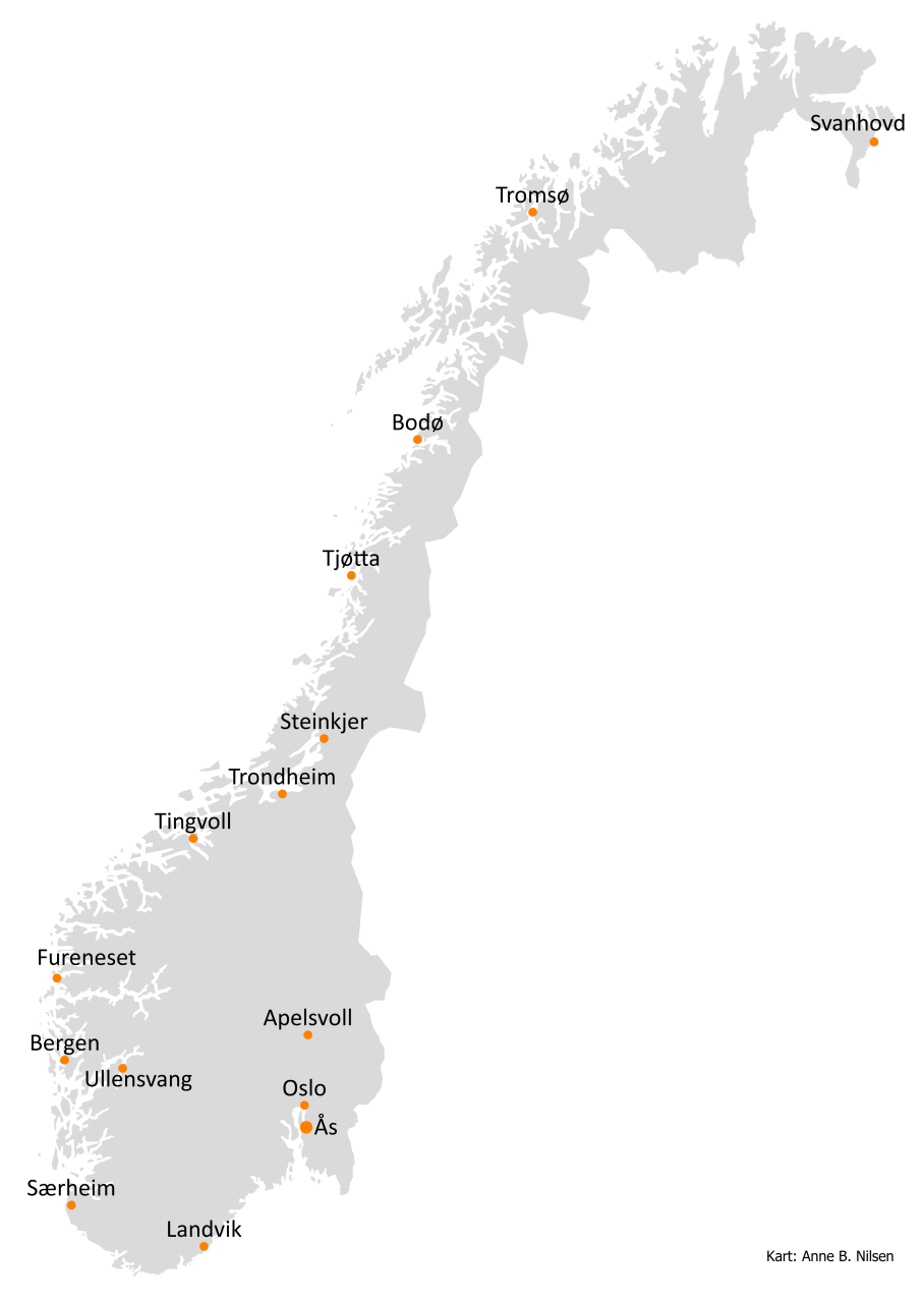 Kart som viser NIBIOs lokaliteter